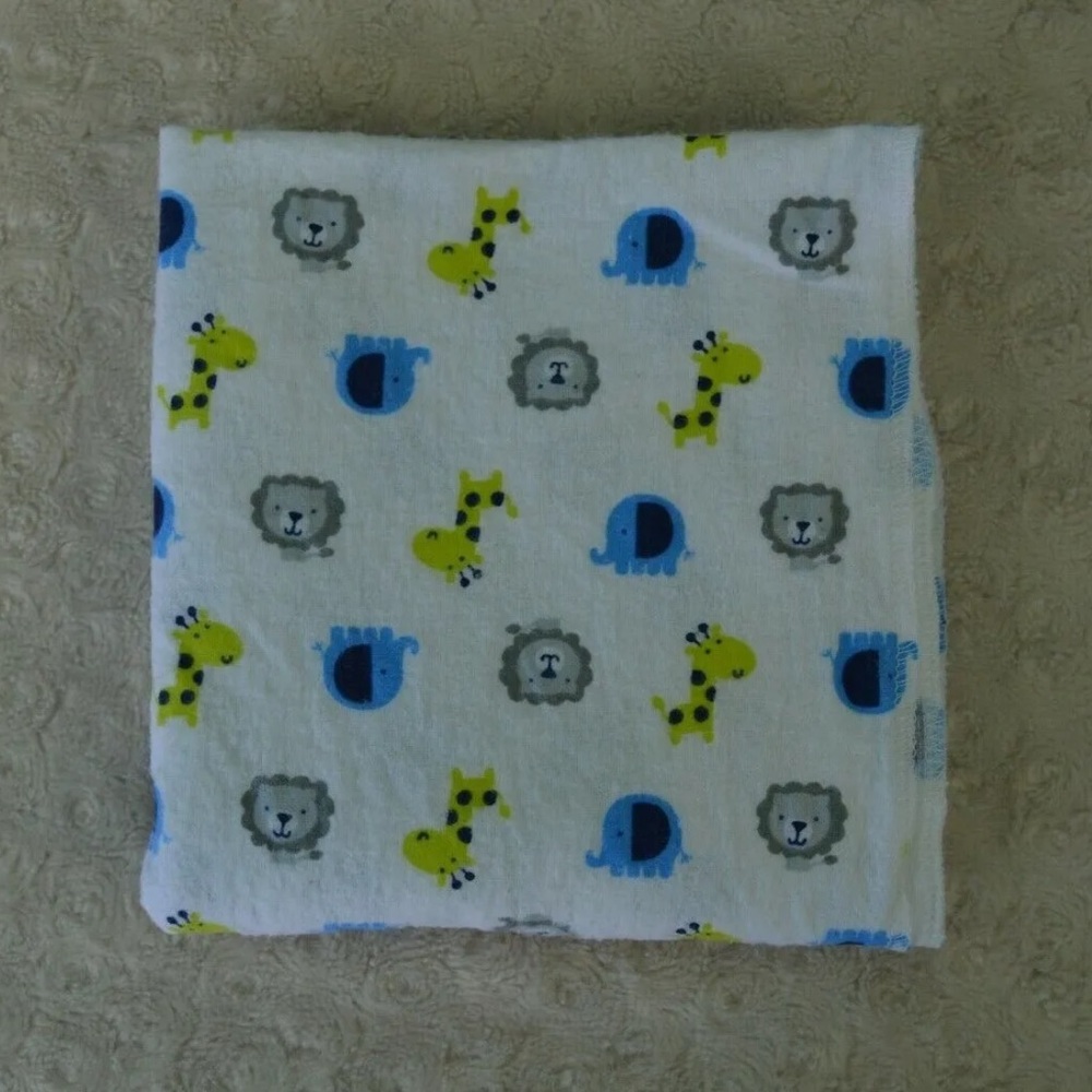 Gerber Elephant Lion Giraffe Baby Blanket Flannel Receiving White Blue Green